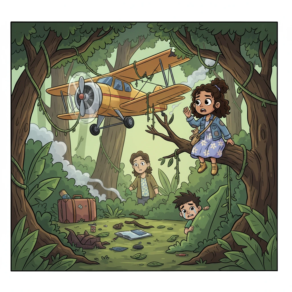 As the plane soared over the endless green canopy of the Amazon jungle, a sudden jolt shook everything. The engine sputtered, and with a terrifying lurch, the plane crashed deep into the dense foliage! Elena and the children survived, but in the chaos, they were separated amidst the towering trees, calling out for each other.