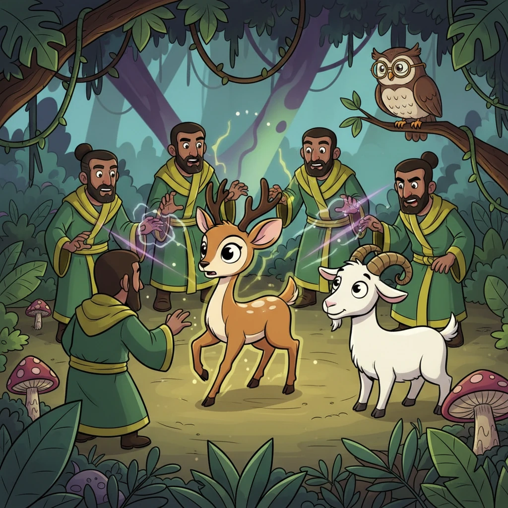 Lost in the jungle, Elena was discovered by strange figures in green robes with yellow accents, the mysterious Mercenaries. With a flash of dark magic, they transformed her into a graceful deer! Meanwhile, a kind search and rescue team, sent to find survivors, also stumbled upon the Mercenaries and were magically turned into a friendly goat and a wise old owl.