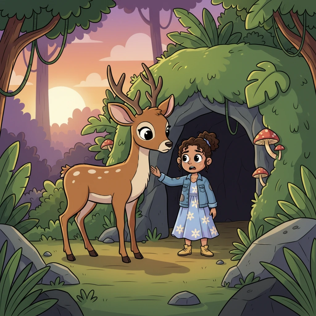 Now a beautiful deer, Elena instinctively sought her children. She found her youngest, little Lily, shivering and alone. Gently, Elena nudged Lily towards a hidden, cozy cave she had discovered, a safe refuge from the wild jungle.