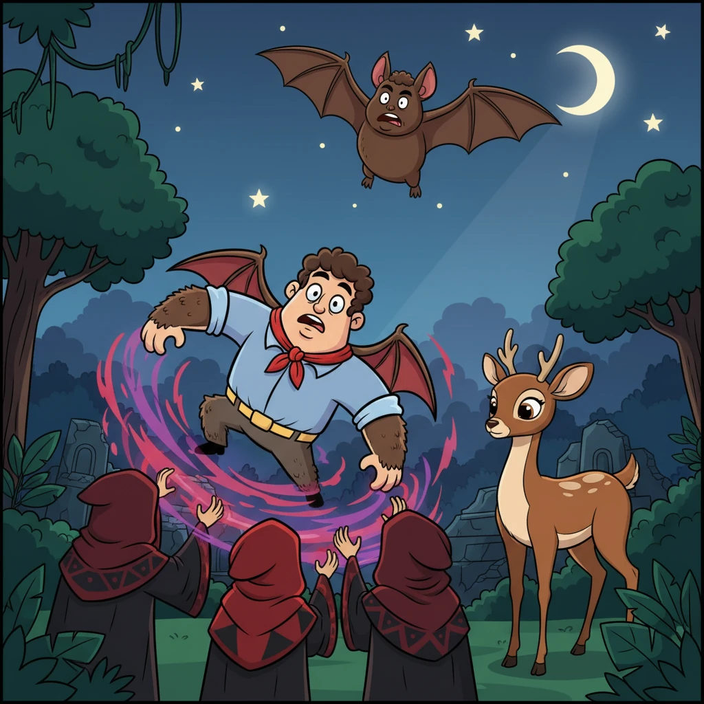 Far away, the children's father saw news of the plane crash and rushed to the Amazon. There, he encountered another group of robed figures, the Legionaries, dressed in red and black. With a swirl of magic, they transformed him into a clumsy bat, and revealed Elena's deer form. He flew off into the night, determined to find his transformed wife.
