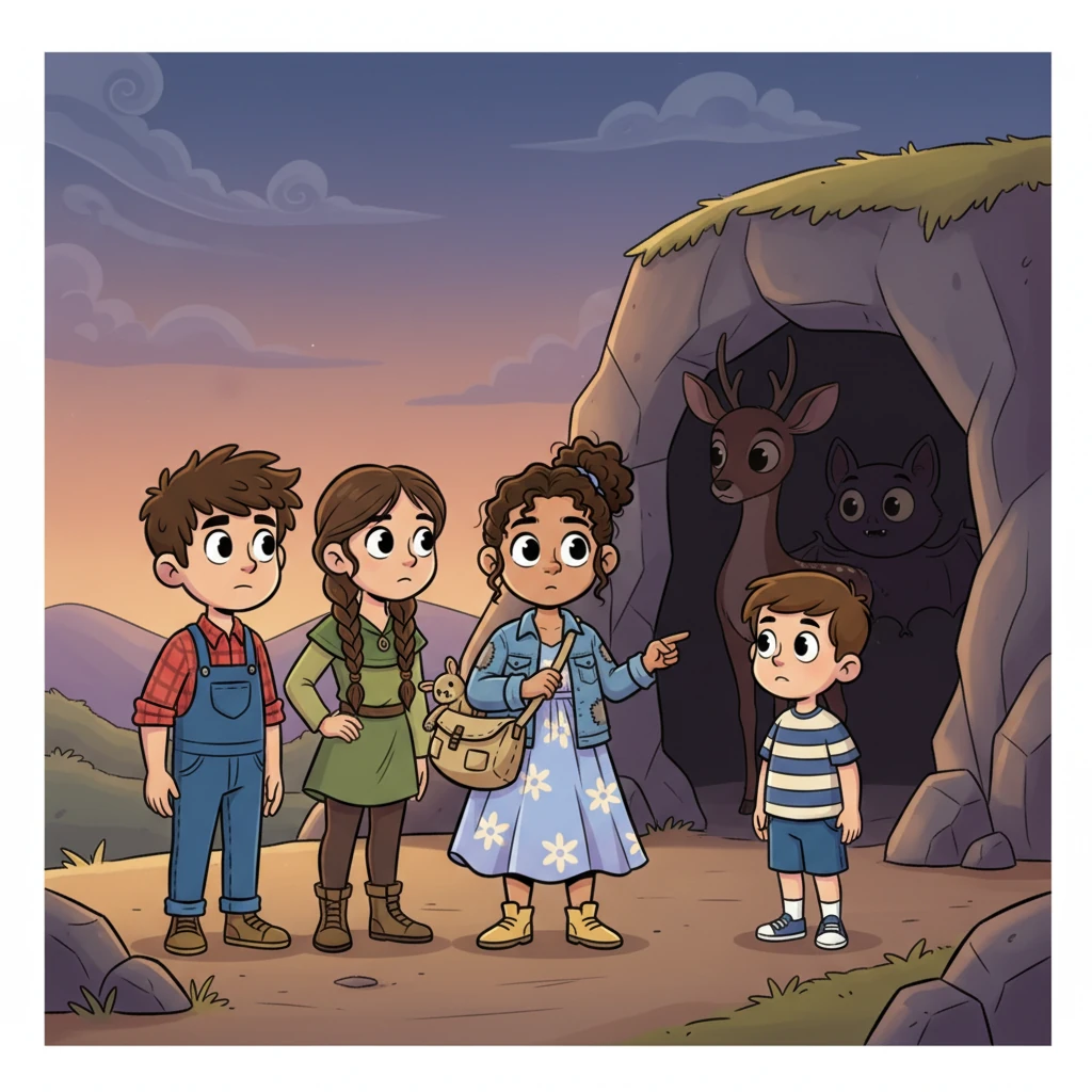 The bat-father soon found Elena-deer and Lily in the cave. Seeing his wife as a deer and himself as a bat was a shock. Brave Lily, seeing her transformed father, slipped out of the cave and quickly reunited with her three older siblings. Together, the four determined children decided they must rescue their mother.