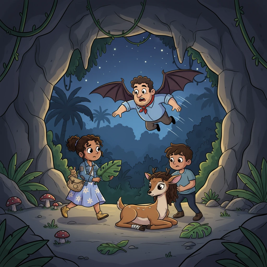 The siblings burst into the cave, discovering their father-bat had lashed out, injuring Elena-deer. Startled by the children's arrival, the bat-father fled into the jungle night. The children rushed to their mother, comforting her and using jungle leaves and their boundless love to mend her wounds.