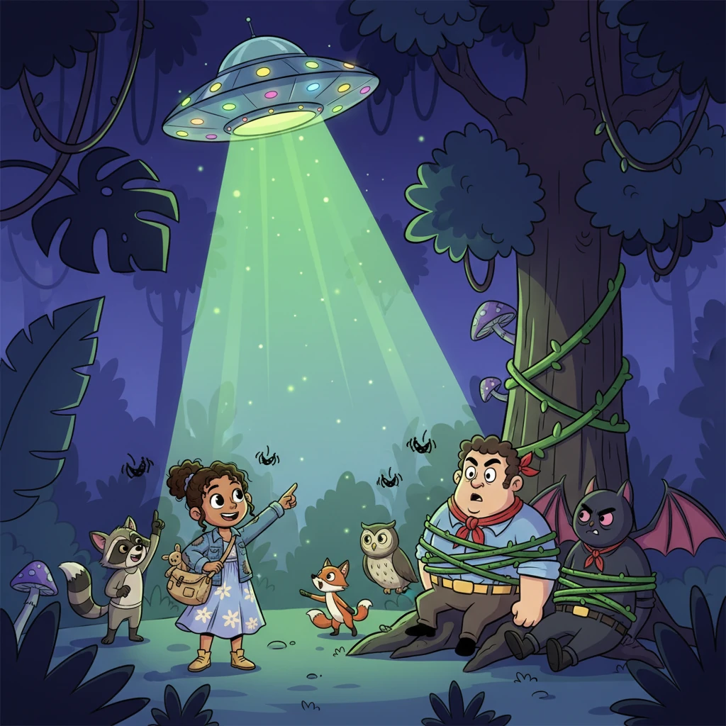 Under a dark, silent jungle night, where only the chirping of crickets could be heard, Elena-deer and the Legionaries launched their daring surprise attack! They bravely fought and defeated the Mercenaries and the bat-father. Just as they secured their captives, a dazzling, intense green light descended from the sky – a magnificent UFO!
