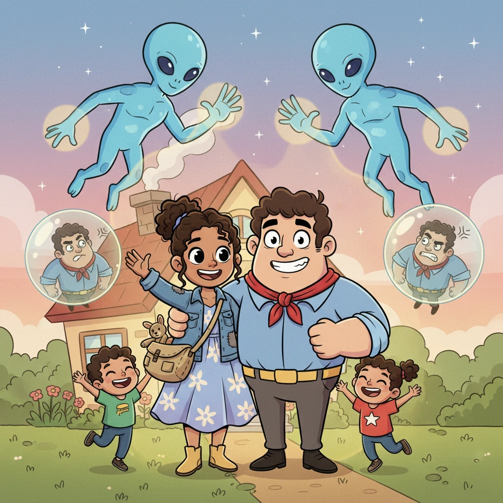The benevolent aliens, using their advanced technology, broke the transformation spells, restoring Elena and her father to their human forms! They captured the Mercenaries, ensuring they could never harm anyone again. With a gentle glow, the aliens then returned Elena and her four joyful children to their now peaceful and loving home.