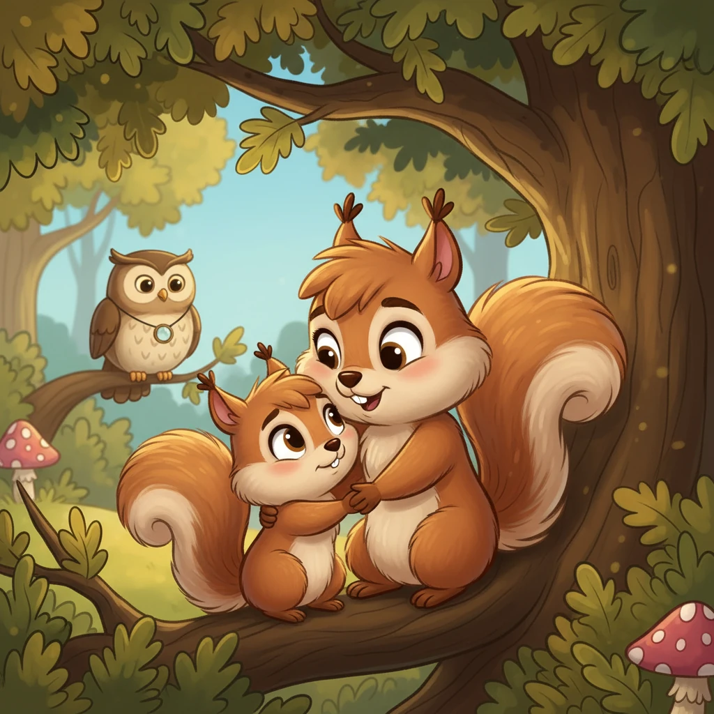 Winky shared their worries with Mama Squirrel, who gave a warm hug. Mama explained that Dr. Owl was very kind and the 'quest' was just a fun way to make sure Winky's amazing eyes were seeing their very best. It sounded a little less scary now.