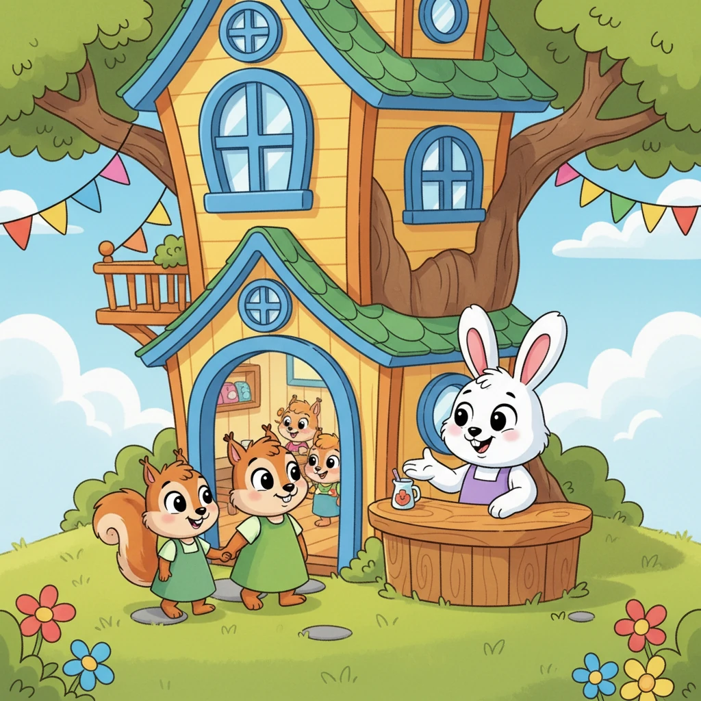 Hand-in-paw, Winky and Mama arrived at Dr. Owl's clinic, which looked more like a cozy treehouse than a scary building. Bright colors popped everywhere, and cheerful animal friends were playing with colorful toys in the waiting area. A friendly receptionist, a fluffy bunny, greeted them with a big smile.
