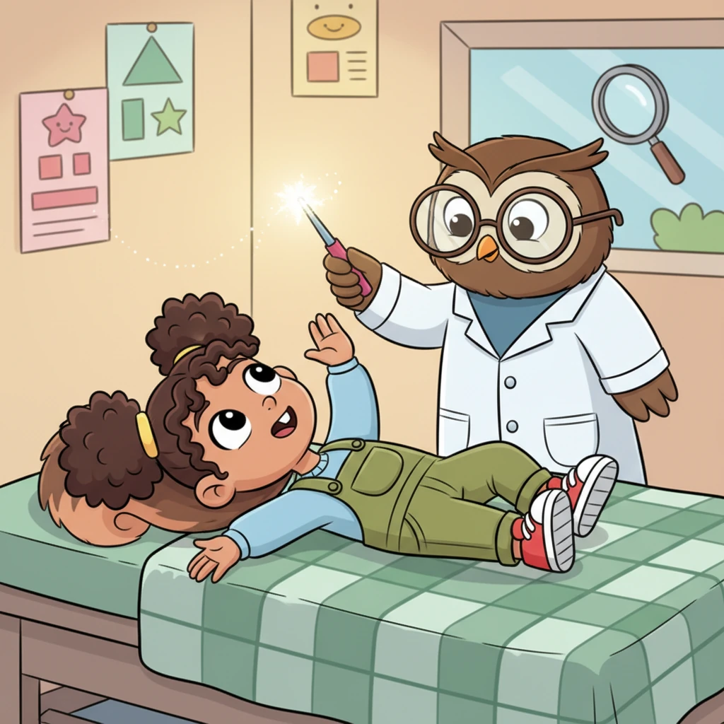 Next, Winky played the 'Light Follow Game.' Dr. Owl held a tiny, wiggling light, and Winky's eyes danced left, right, up, and down, following it like a playful firefly. It felt like a secret spy mission, keeping Winky's eyes sharp and nimble.