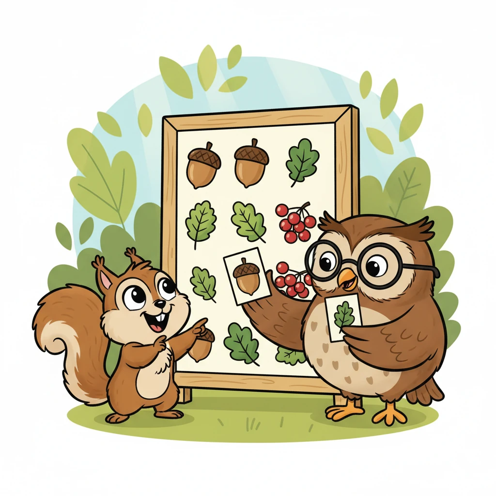 Then came the 'Picture Match Game.' Dr. Owl showed Winky cards with pictures of acorns, leaves, and berries, asking Winky to match them to a big chart. This game was especially fun and easy, making Winky giggle with delight.
