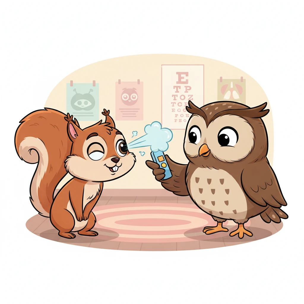 For the 'Gentle Breeze Game,' Winky bravely leaned forward as a tiny, soft puff of air tickled their eye. Dr. Owl explained it was a quick check to make sure Winky's eyes were super strong and healthy inside. It was a funny, fleeting feeling.