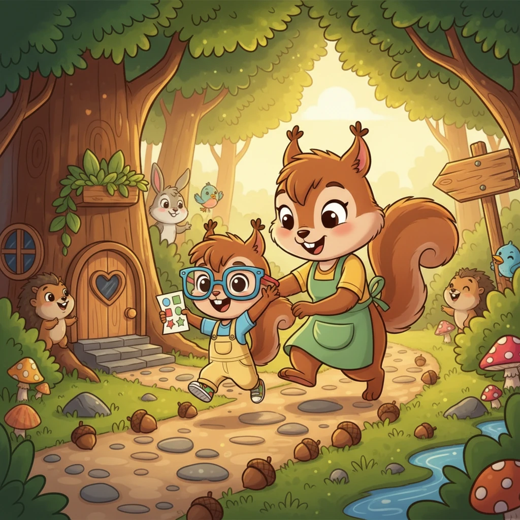 Winky hopped out of the clinic, feeling incredibly proud and brave, showing off the new glasses to Mama Squirrel. Winky couldn't wait to tell all their friends about the amazing 'Eye Exam Quest' and how much fun it was to make sure their eyes were happy and healthy.