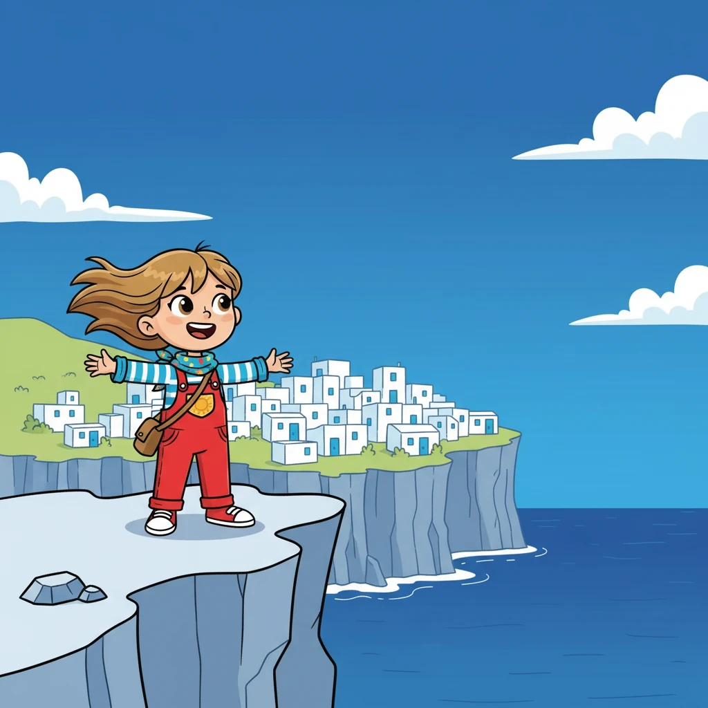 Lina, les cheveux au vent, contemple le village de Sidi Bou Saïd, perché sur une falaise. Le ciel est d'un bleu profond, contrastant avec le blanc immaculé des maisons. Elle sourit, sentant l'excitation d'une nouvelle aventure.