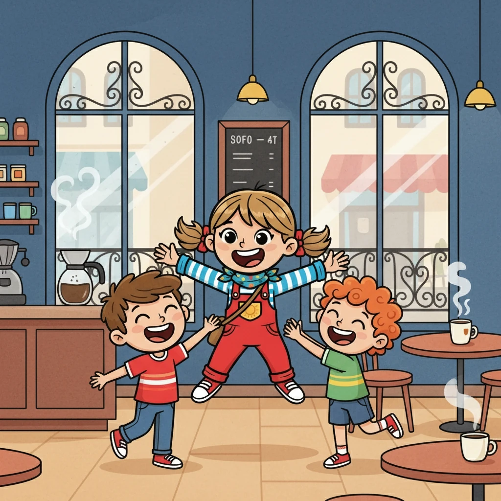 Dans un café typique, aux murs bleus et aux fenêtres ornées de fer forgé, Lina et ses amis se retrouvent. Des rires fusent, des accolades chaleureuses, et l'odeur du café fraîchement moulu embaume l'air.