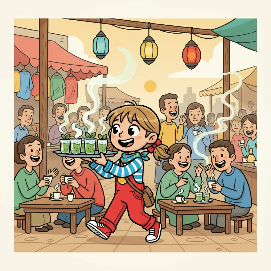 Les tables se remplissent de tasses de thé à la menthe, fumantes et parfumées. Les conversations s'animent, mêlant les langues et les accents, dans une symphonie de rires et d'échanges.