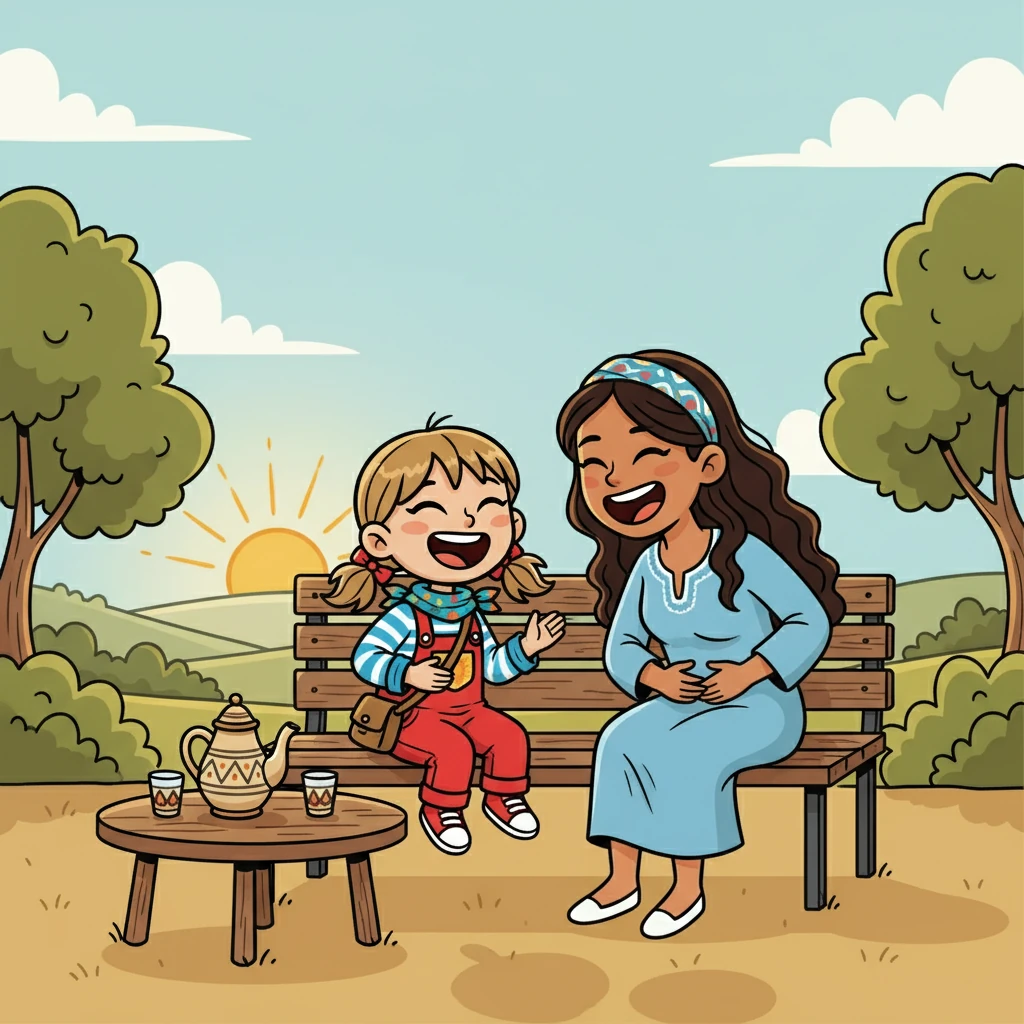 Lina partage un moment de complicité avec Amira, une jeune femme tunisienne. Elles rient aux éclats, se racontant leurs histoires et leurs rêves, le soleil caressant leurs visages.