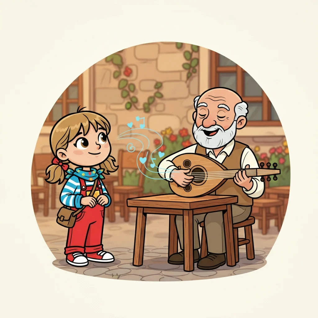 Un homme plus âgé, assis à une table voisine, joue de l'oud. La musique envoûtante se mêle aux conversations, créant une ambiance magique et authentique.