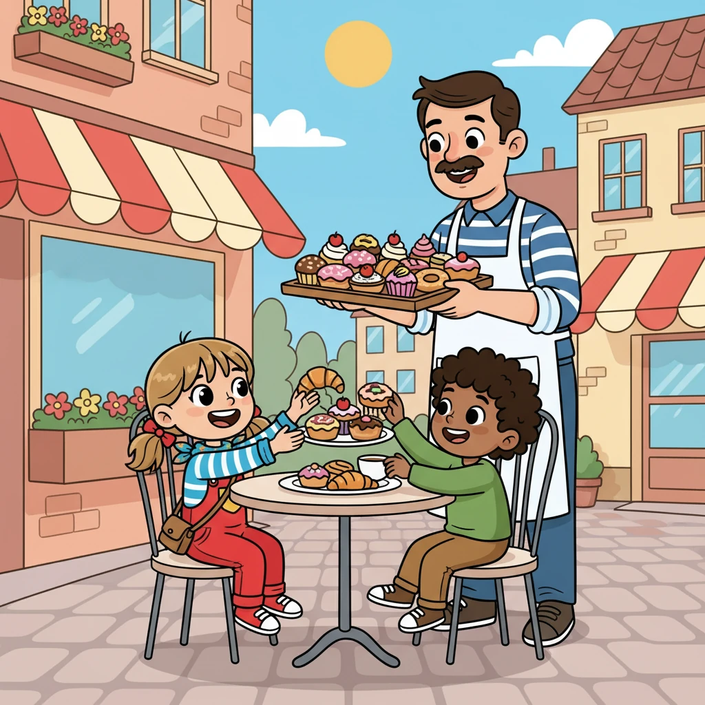 Un serveur, portant un plateau rempli de pâtisseries locales, s'approche. Les amis se régalent de délices sucrés, partageant un moment de gourmandise et de bonheur.