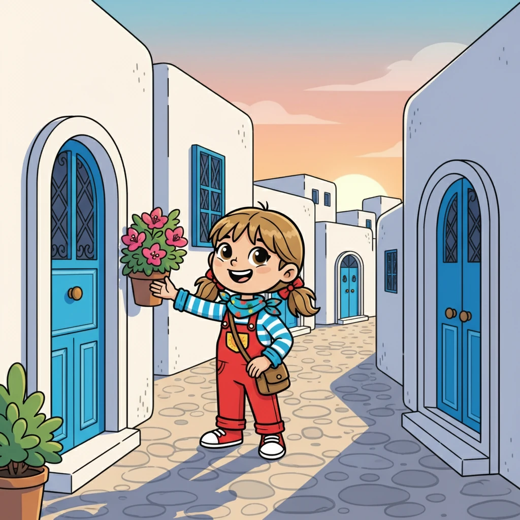 Le soleil commence à décliner, projetant de longues ombres sur les ruelles. Le groupe se promène ensemble, découvrant les trésors cachés de Sidi Bou Saïd.