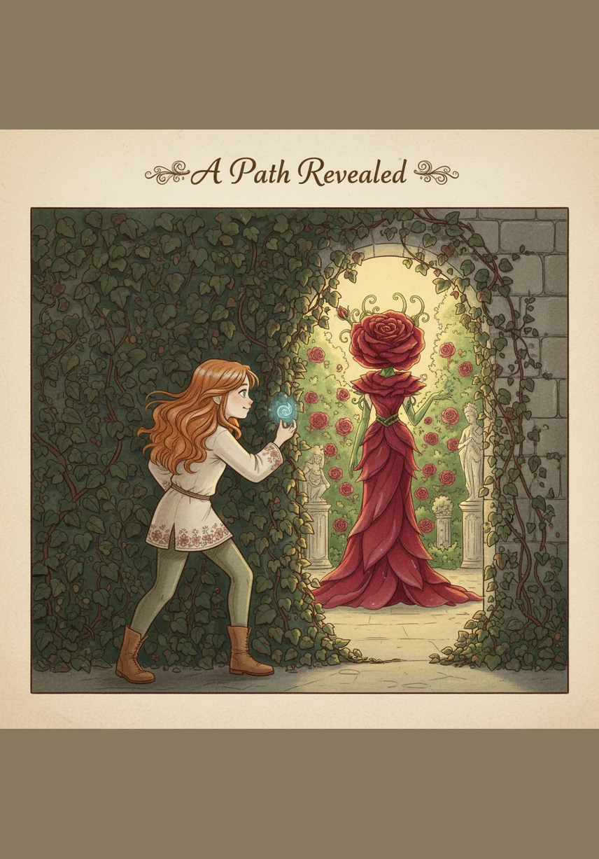 Following Rosetta's whispered instructions, Lily pushed aside a heavy curtain of ancient ivy against the back stone wall. Behind the tangled vines sat a small, silver gate etched with delicate patterns of butterflies and stars.