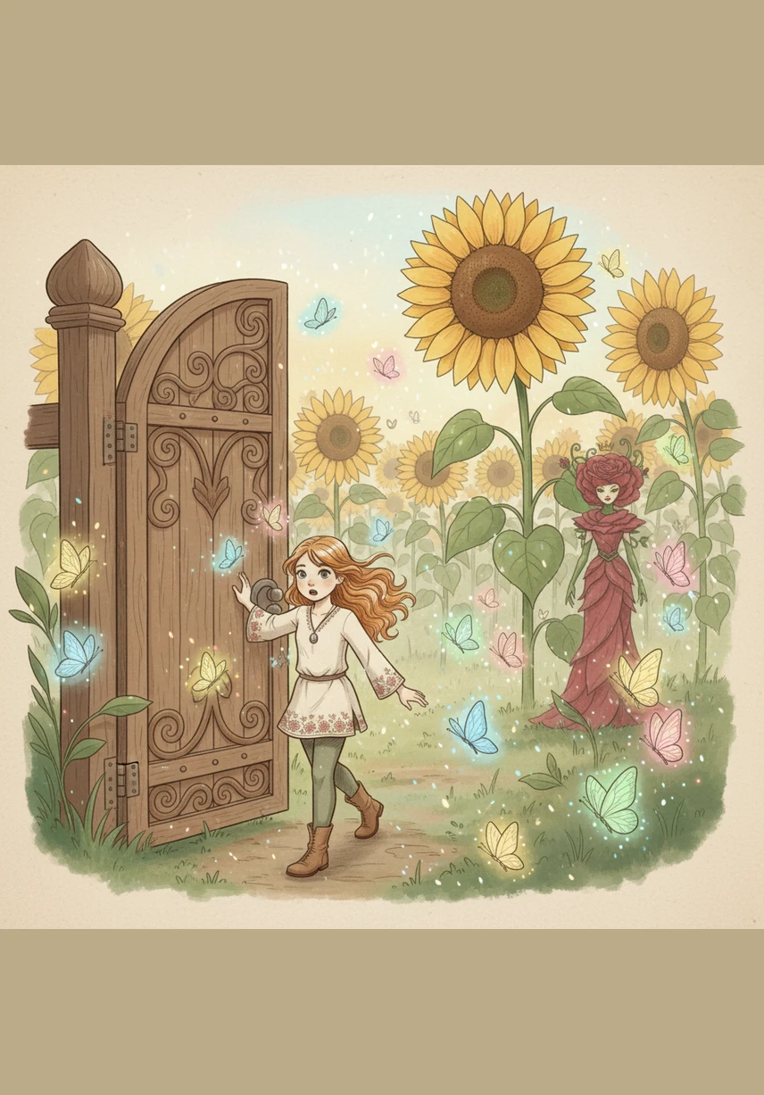 With a gentle push, the gate swung open, and Lily stepped into a world of breathtaking color and light. Giant sunflowers towered like golden skyscrapers, and glowing butterflies danced through air that tasted like summer rain.