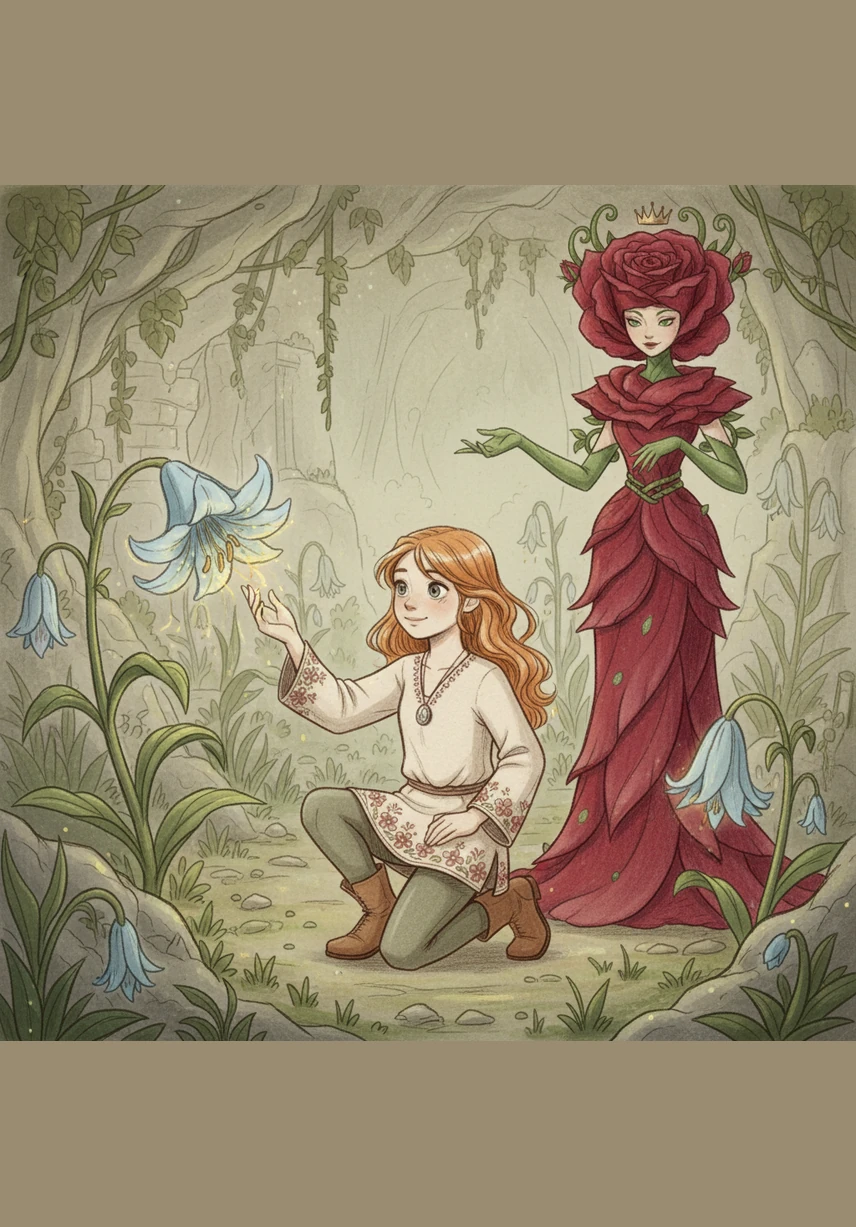Rosetta explained that the magic of Floria was wilting because it needed the spark of a human heart to thrive. Lily reached out to touch a drooping blue lily, feeling a surge of warmth and wonder travel from her fingers into the plant.