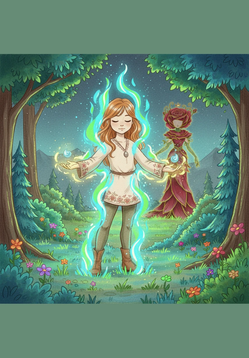 Lily closed her eyes and began to hum a soft melody, imagining the garden in its full, glorious bloom. As she shared her joy, the dull colors of the landscape ignited into brilliant neons and shimmering golds.