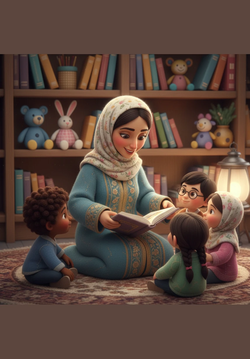 المعلمة نصرة تجلس في ركنها الصغير الهادئ، ترتب شاشتها بعناية فائقة بينما تعكس النوافذ ألوان الغروب الحزينة في الخارج، لكن في قلبها شعلة من الحماس للقاء صغيراتها الغاليات.