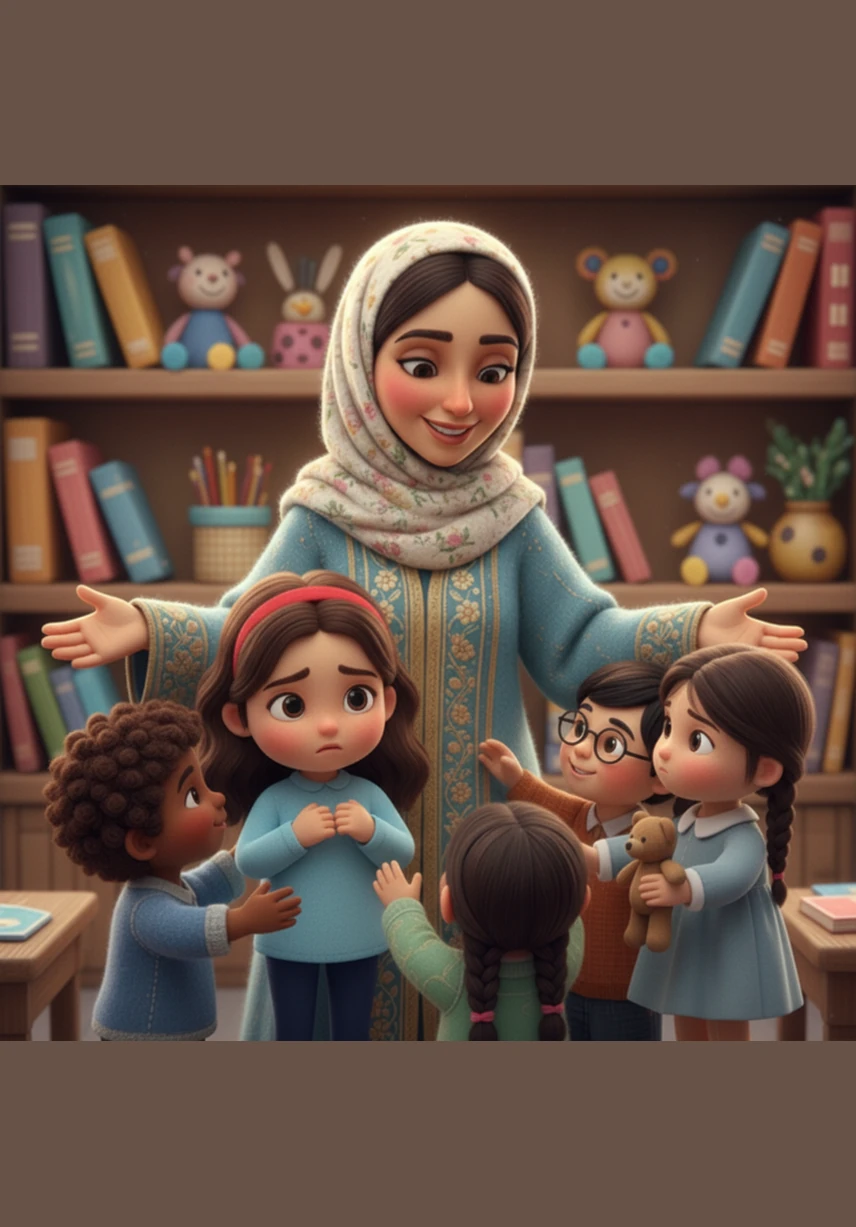 قمر وكندا ترفعان قلوباً ورقية ملونة صنعتاها يدوياً أمام الكاميرا، وتخبرهما المعلمة نصرة بكلمات مؤثرة أن كل قلب منهن هو مصباح صغير يطرد الظلام وينير درب المستقبل الواعد.