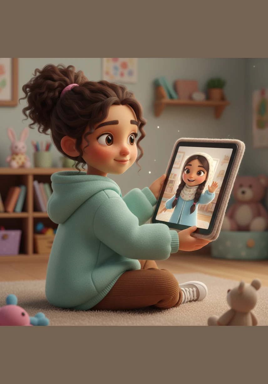 رنا ورقية تتبادلان عناقاً رقمياً عبر الشاشة بوضع أيديهن على قلوبهن، فيدرك الجميع في تلك اللحظة أن القلوب تنبض بنفس إيقاع الأمل، وأن المسافات ما هي إلا وهم أمام صدق المشاعر.