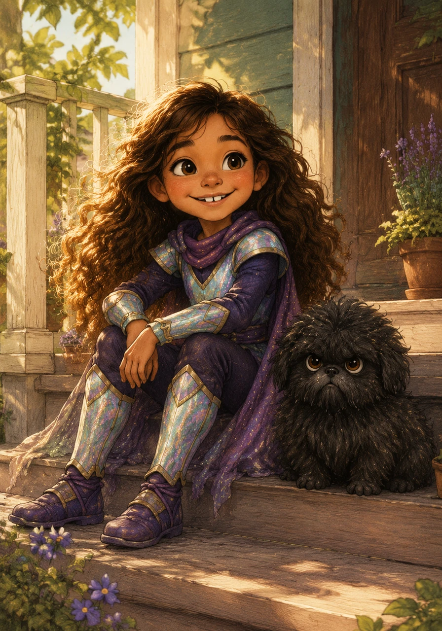 Mía sits on her porch, her long wavy hair catching the sunlight as she smiles, showing the cute gap between her front teeth. Beside her sits Shadow, a tiny shaggy black dog who looks like a little ball of fluff but watches the world with very serious eyes.