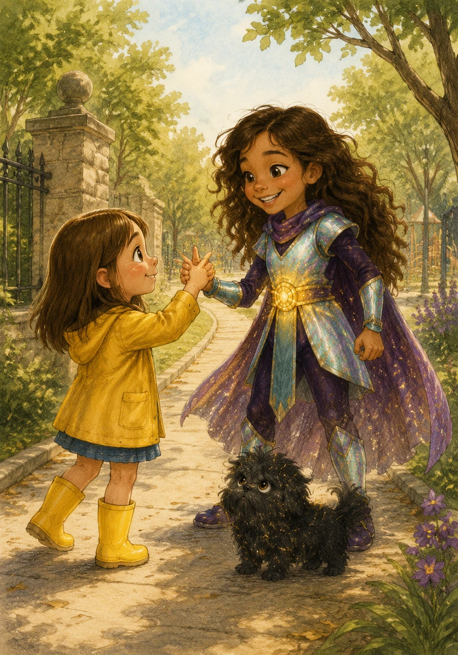 Maite arrives wearing her favorite bright yellow rain boots, even though there isn't a cloud in the sky. She is smaller than Mía with straight brown hair, and the two friends share a secret handshake before heading toward the park.