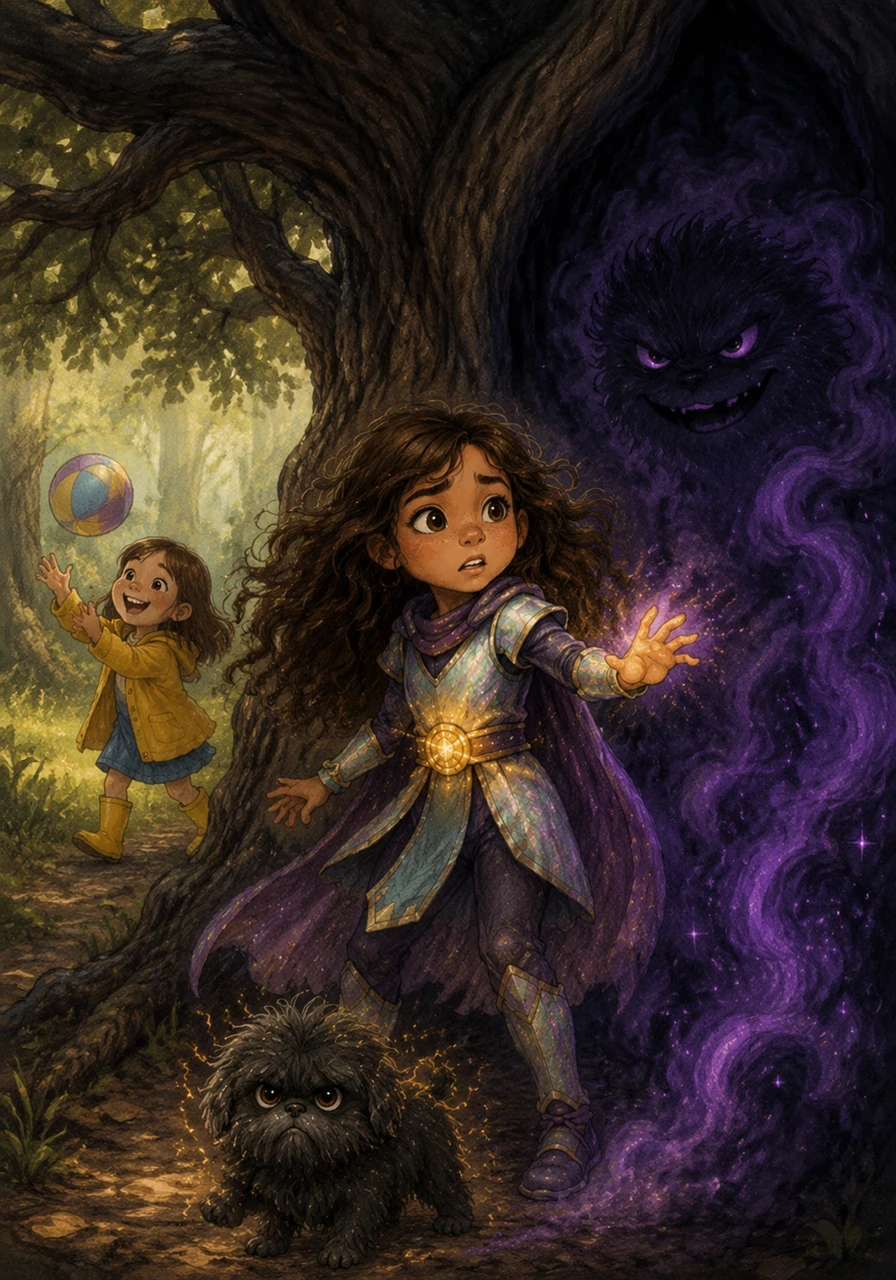 Deep in the shadows of the old oak tree, a strange purple mist begins to swirl and giggle. While the other children play, Mía feels a tingle in her fingertips and knows that a grumpy shadow monster is trying to cause trouble.