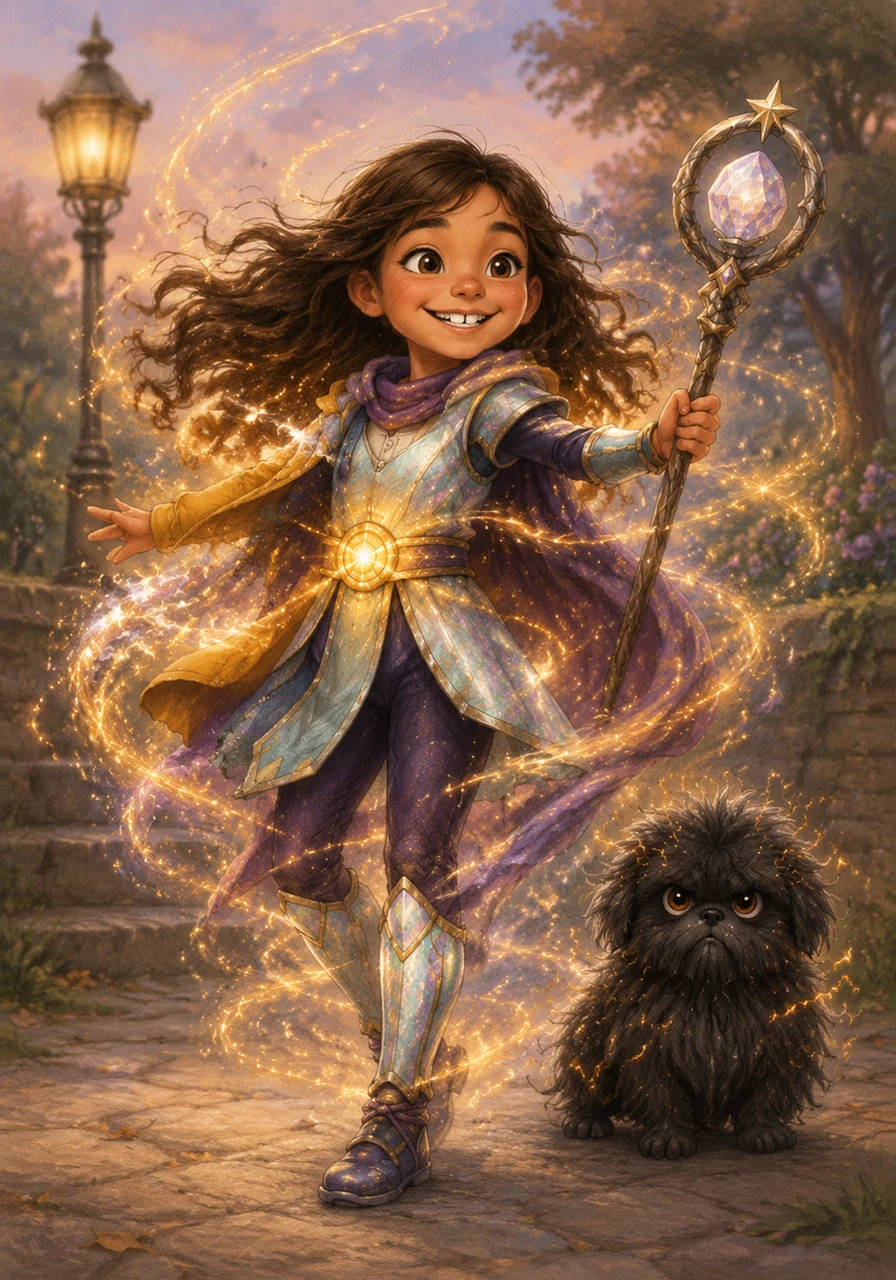 With a quick spin, Mía’s ordinary clothes shimmer into her secret warrior gear, complete with a glowing belt and a magical staff. Shadow stands tall beside her, his fur sparking with tiny embers of protective magic.