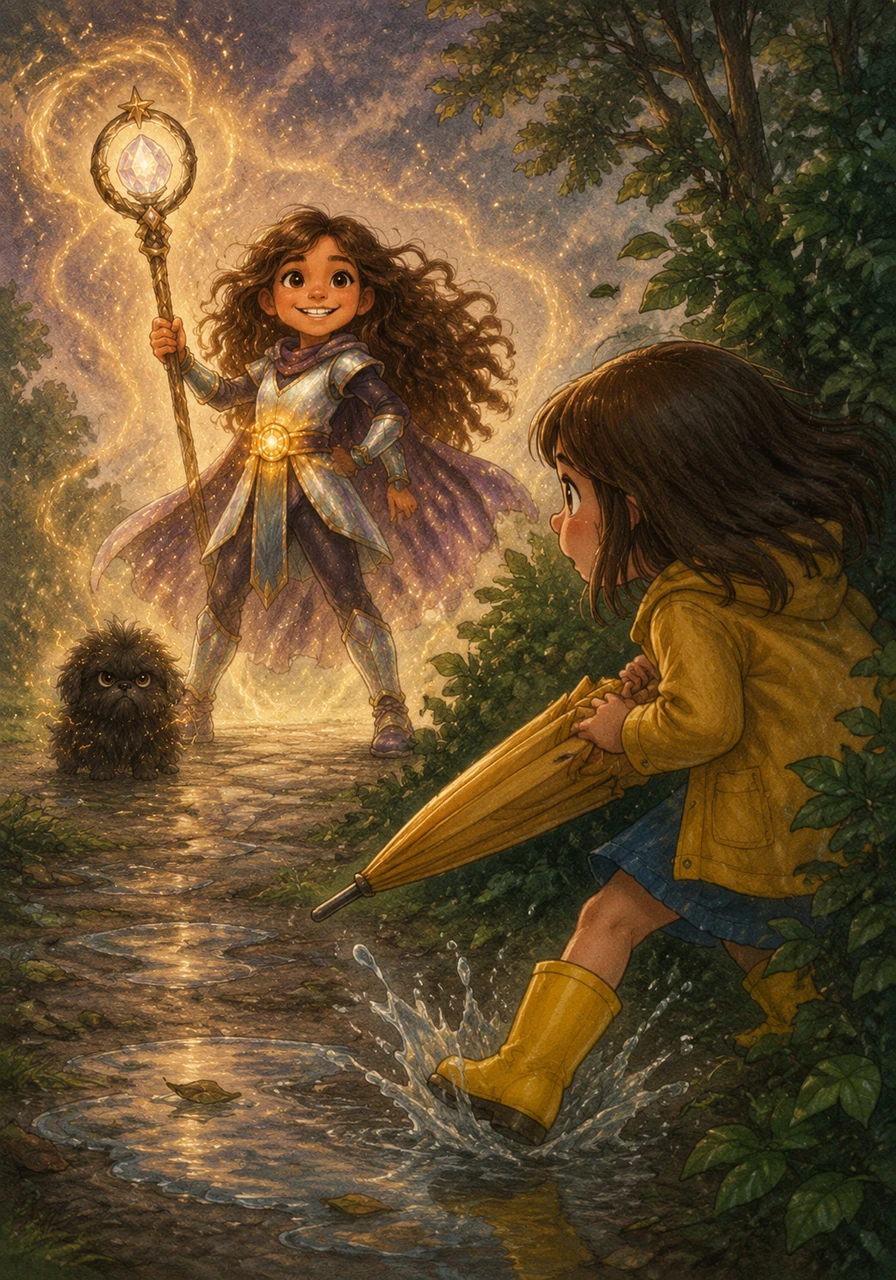 Maite watches from behind a bush, her eyes wide as she sees her best friend transform into a legendary defender. She grips her umbrella like a shield, ready to support Mía in any way she can, splashing through a nearby puddle to get closer.