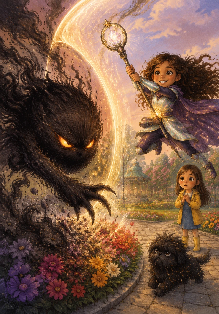 A large, round shadow monster with glowing orange eyes lunges forward, trying to steal the colors from the park’s flowerbeds. Mía leaps into the air, her wavy hair flowing behind her as she swings her staff to create a barrier of light.