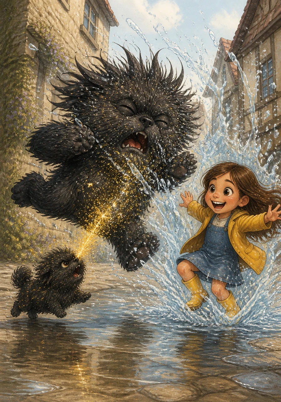 The monster is fast, but Shadow is faster, darting between its legs and barking puffs of magical glitter that make the monster sneeze. Maite joins in, jumping into a giant puddle and sending a huge spray of water that surprises the shadow creature.
