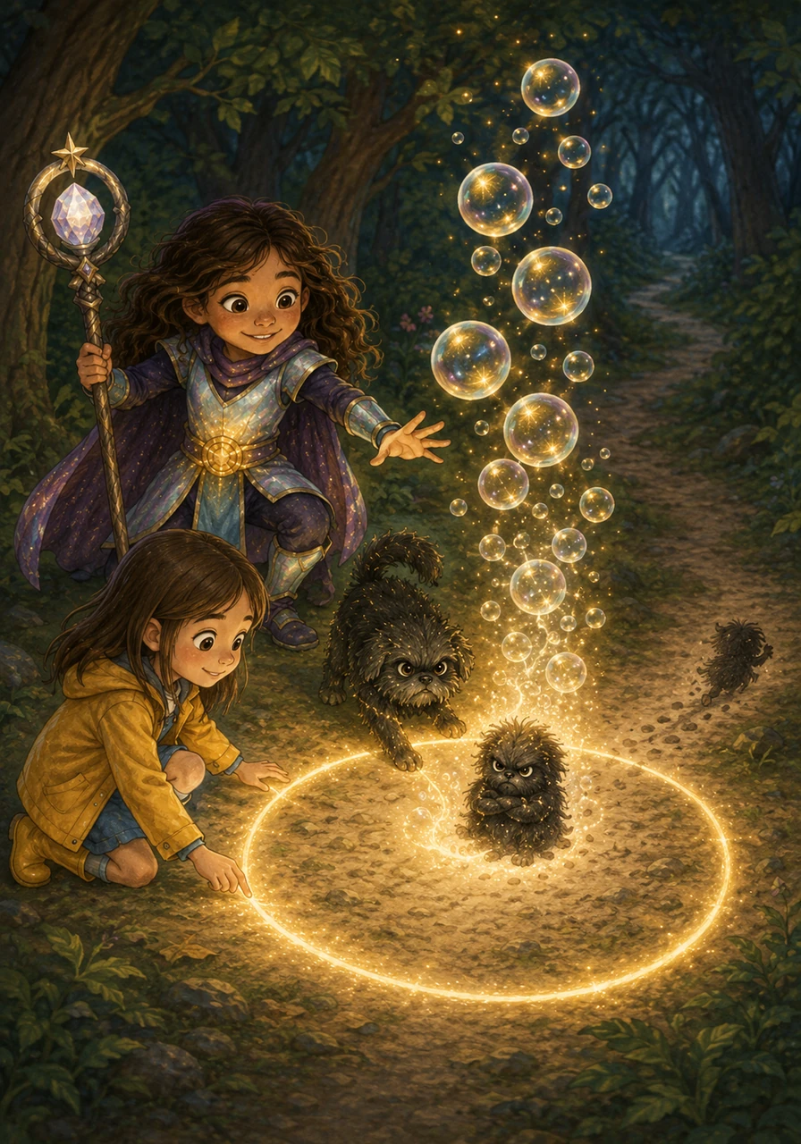 Mía and Shadow work together to draw a circle of light around the monster, turning its grumpiness into gentle bubbles. The monster shrinks until it is nothing more than a tiny, harmless shadow that scurries back into the deep woods.