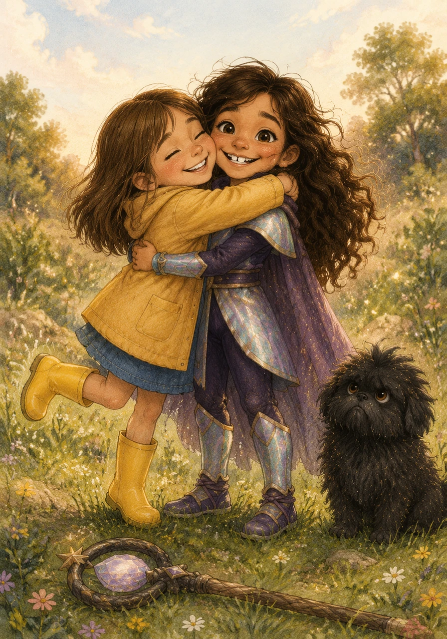 As the magical glow fades, Mía returns to her normal self, her gap-toothed grin wider than ever. Maite runs over and gives her a big hug, her rain boots squeaking on the grass as they celebrate their secret victory.