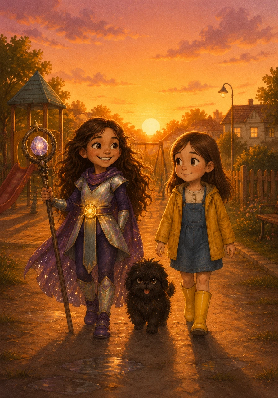 The sun sets over the playground, casting long, peaceful shadows that are no longer scary. Mía, Maite, and little Shadow walk home together, three brave heroes who know that even the smallest girls can save the world.