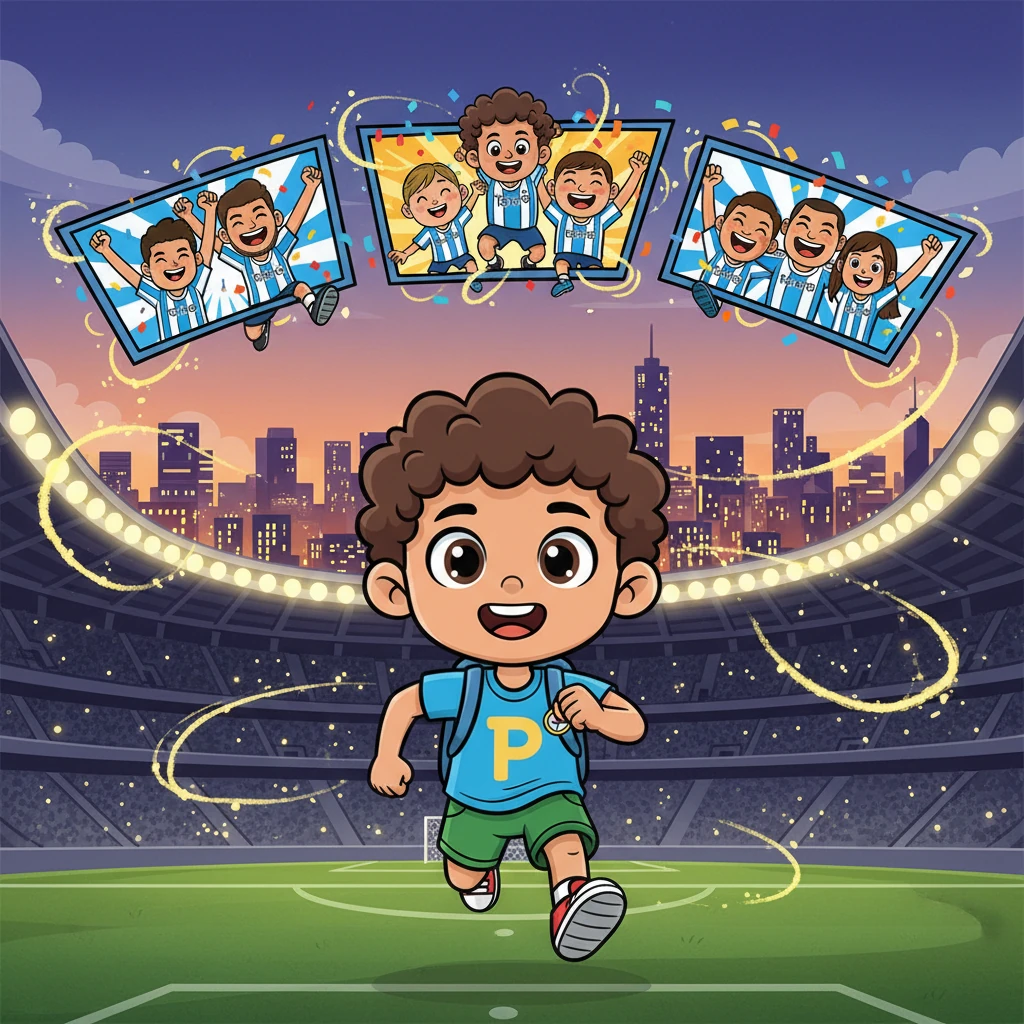 An empty, grand stadium slowly illuminates with sparkling lights, revealing a vast, cheerful city skyline in the distance. A confident, playful voice declares, "The second greatest!" Then, a quick montage flashes vibrant images of the legendary FC Porto team, celebrating victories with exaggerated joy and bright, swirling colors. Finally, a cheerful, dynamic cartoon illustration of Pedro, mid-stride with a mischievous grin, pops onto the scene, ready for his moment.
