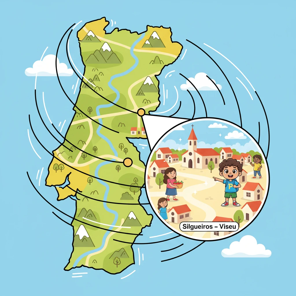 A whimsical, animated map of Portugal appears, then zooms in with a playful swirl to a charming spot labeled "Silgueiros – Viseu." Brightly colored, simplified illustrations depict tranquil streets, a quaint church with a tall steeple, and friendly, bustling town life. A voice-over explains that it's a "city, not a village," emphasizing its unique character and Pedro's early, foundational connection to his roots.