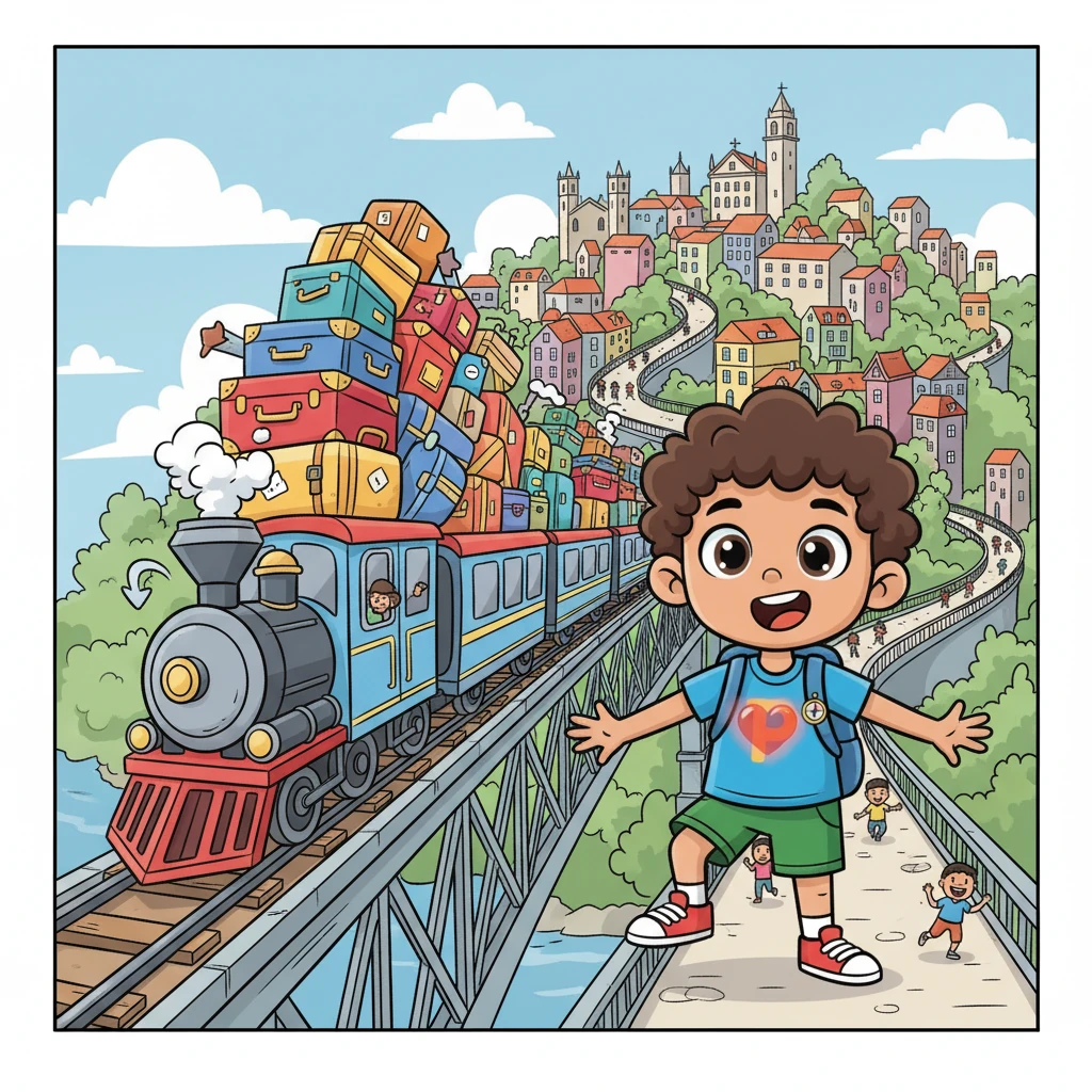 A speedy, cartoon train zooms across a magnificent, exaggerated bridge, its cars overflowing with colorful luggage. The vibrant city of Porto, with its towering buildings and winding streets, comes alive with dynamic energy as people rush by with expressive, joyful faces. Young Pedro, with a wide-eyed, adventurous look, stands amidst the lively urban rhythm, his heart visibly thumping with excitement for his new home in Matosinhos.