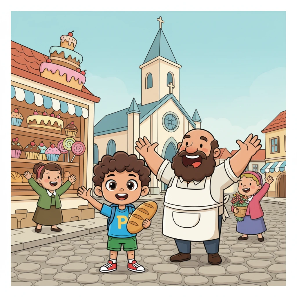 The scene gently shifts back to Silgueiros, showcasing its charming, unhurried pace. Playful illustrations highlight the grand, friendly church, local bakeries overflowing with colorful, cartoonish sweets, and a community of warm, expressive people greeting each other on the streets. Pedro's voice proudly describes the town's rich culture and identity, with his father's booming, good-natured voice echoing, "It's a city, not a village!"