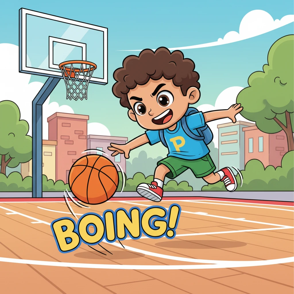 A bright, energetic basketball court comes alive with Pedro, a younger, sprightly version of himself, dribbling and leaping with exaggerated enthusiasm. The ball bounces with a rhythmic "BOING!" as he zips across the court, his face a mix of intense focus and sheer joy. The scene emphasizes the fast-paced nature of the sport, where movement and constant practice are key to staying in the game, symbolized by a playful "Time On!" graphic appearing briefly.