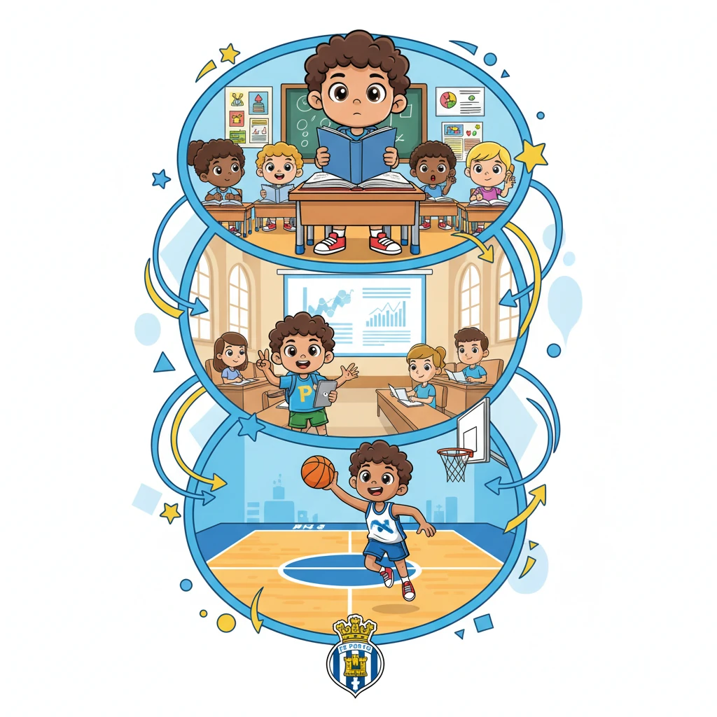 A dynamic montage shows Pedro's journey through education and training. First, he's a diligent student in a cheerful school classroom, then an engaged university student in a bright lecture hall, and finally, a determined athlete training vigorously on a basketball court. The scenes are connected by energetic lines and playful arrows, culminating in a bold, stylized FC Porto emblem, representing his dedicated training with the great club.