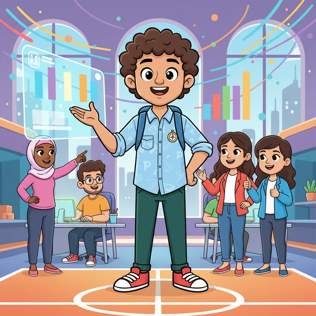 The vibrant basketball court magically transforms into a bustling, modern workplace, with colorful digital lines and playful graphs swirling around. Pedro, now a confident adult, stands at the center, surrounded by a diverse team of smiling, expressive colleagues. The scene visually conveys that while the "field" changed from sports to the corporate world, his core role as a leader and mentor remains the same, with "Once a Coach. Forever a Leader." playfully appearing in bold letters.