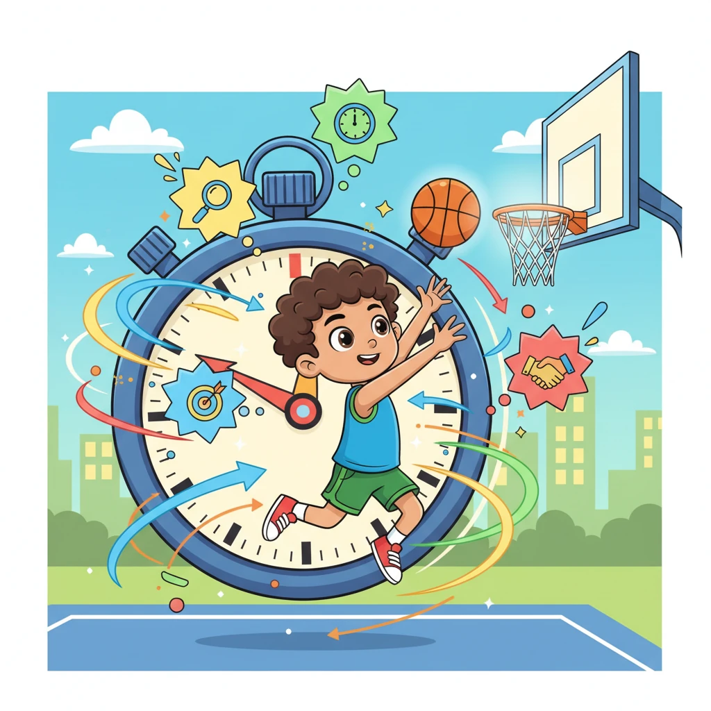 A dynamic, action-packed scene unfolds with a playful stopwatch ticking rapidly, overlaid with vibrant, animated data streams and strategic "plays" swirling around. Pedro, in a bold, athletic silhouette, is shown in slow-motion, gracefully shooting a basketball towards a hoop, illustrating precision and foresight. Energetic text bubbles pop up with words like "Focus," "Time," "Objective," and "Team," emphasizing the strategic parallels between sports and leadership.