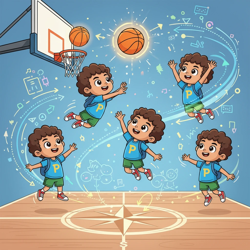 The scene showcases a harmonious blend of human effort and strategic planning. Several cartoon players, with exaggerated, joyful expressions, score baskets in a graceful slow-motion ballet, while playful algorithms and data patterns dance around them like intricate game plans. The ball hangs suspended in the air for a moment of dramatic tension before swishing through the hoop, followed by a brief, impactful silence, underscoring the message: "Nothing happens by chance. Everything is trained."