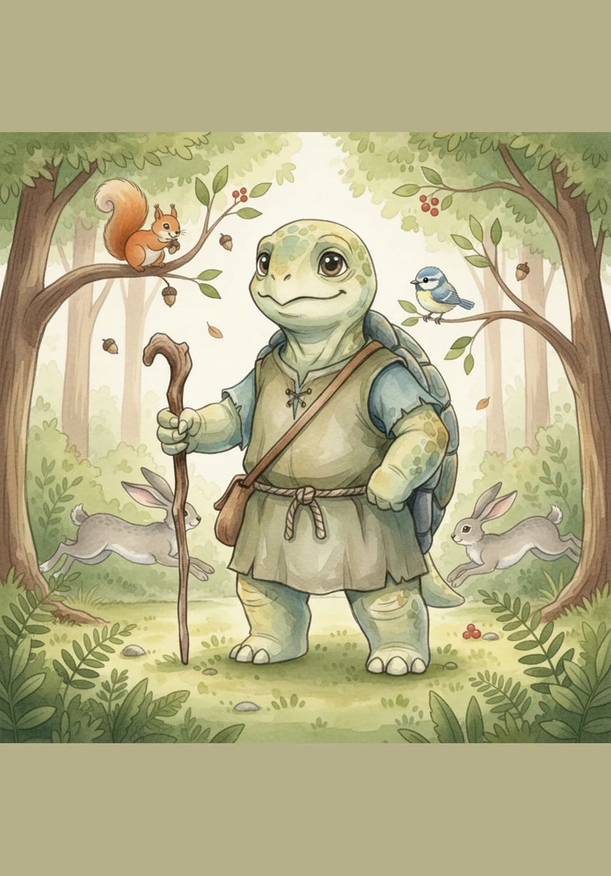 Frank was a gentle turtle who lived in a lush, peaceful forest filled with ancient trees and soft, green moss. While the other animals were always in a hurry, Frank enjoyed taking his time to smell the wildflowers and watch the clouds drift by.