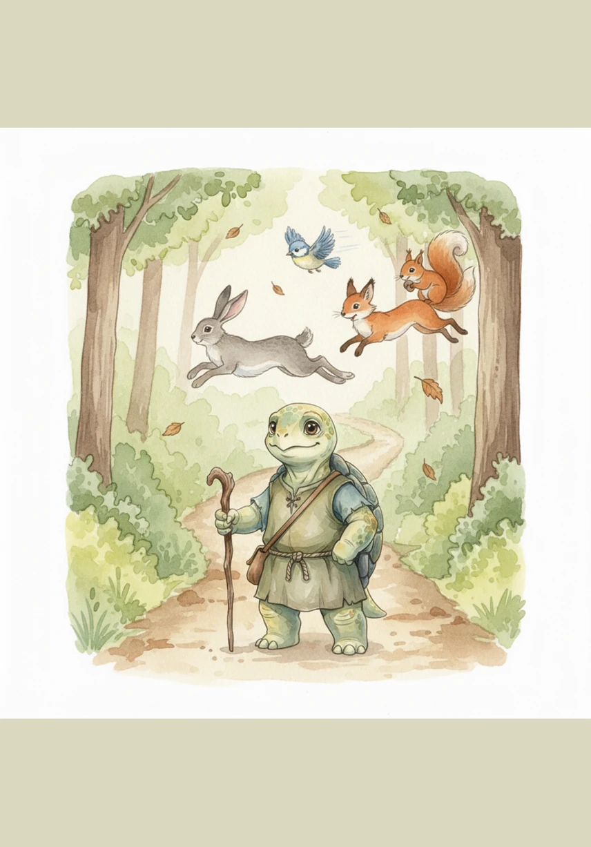 Because of his heavy, round shell and short legs, Frank was the slowest animal in the entire woods. Even when he was in a big rush, his tiny footsteps were quiet and steady, making him move much slower than his energetic friends.