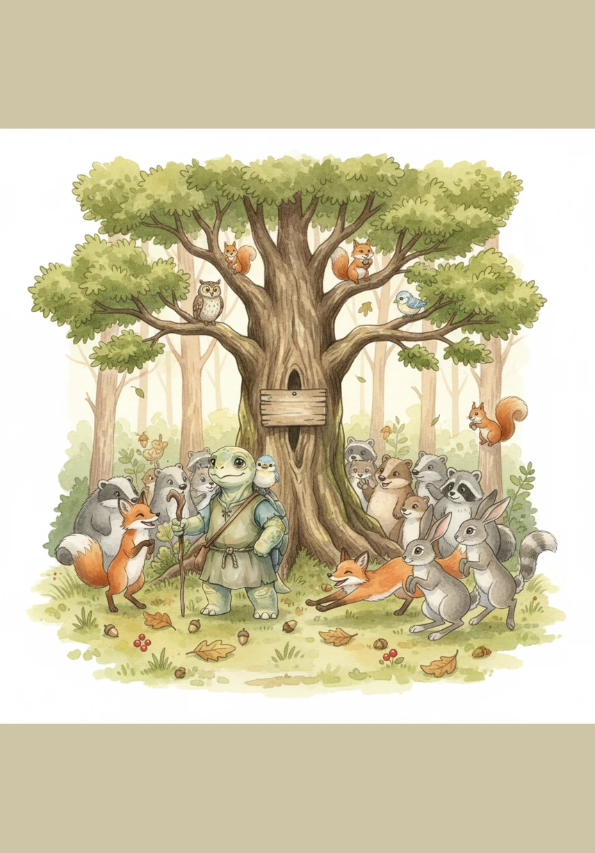 One bright morning, a grand announcement was made about a big forest race that would take place the following day. All the animals gathered around the old oak tree, buzzing with excitement and stretching their legs for the big event.